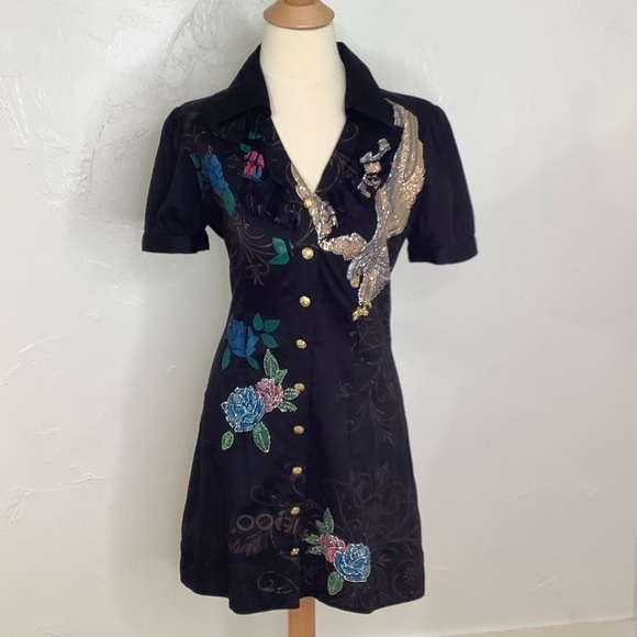 COOGI Eagle and Roses V-neck embellished fitted dress Size L EUC - Picture 12 of 16